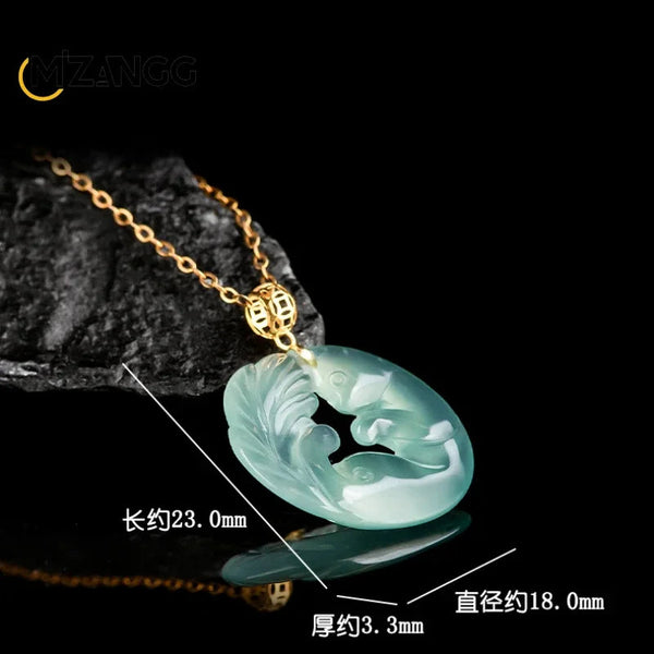 Veile Studios Authentic Natural Jadeite Blue Water Nine Tail Fox Pendant With 18K Gold Inlay Necklaces & Pendants