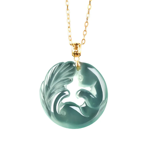 Veile Studios Authentic Natural Jadeite Blue Water Nine Tail Fox Pendant With 18K Gold Inlay Necklaces & Pendants