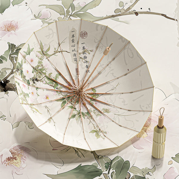 16 Rib Color Rubber & Gold Aluminum Alloy Frame: New Chinese Retro Folding Umbrella With Sun Protection And Uv Resistance. Umbrellas