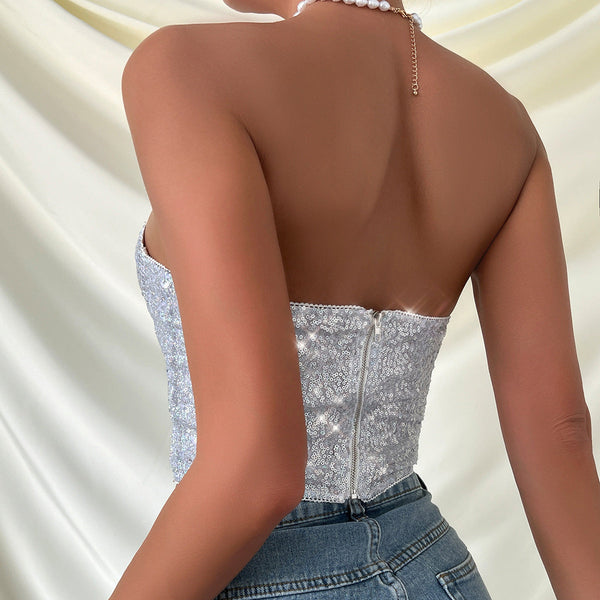 Nightclub Streetwear Halter Beaded Zipper Heavy Work Tube Tops