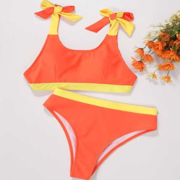 Euro American Style Color Block Belted High Waist Backless  Bikini Swimsuit For Women Swimwear