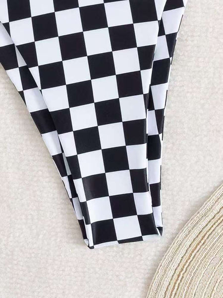 Lace Up Multi Color Checkered Split Swimsuit Women's Bikini Swimwear