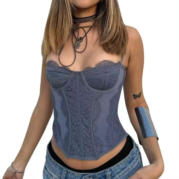Cross Border Spicy Girl Gathered  Fitted Bra Lace Eyelash Fringe Vest Tube Top Camisole Shapewear