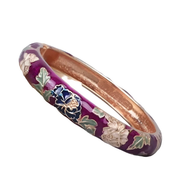 Peony Flower Chinese Filigree Traditional Cloisonne Enamel Ethnic Spring Hinged Cuff Bangles For Women Bracelets