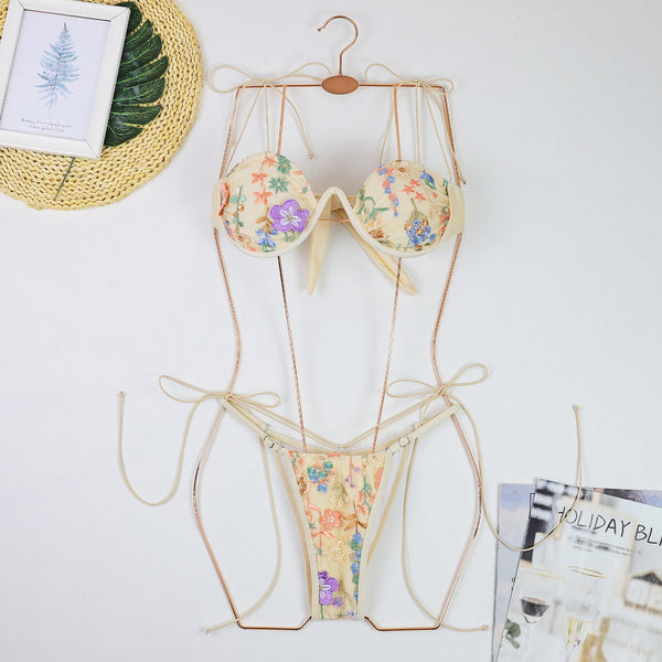 Embroidered Push Up Bikini For Women  Detailing With Thin Ties Steel Support Separate Swimsuit Export Swimwear