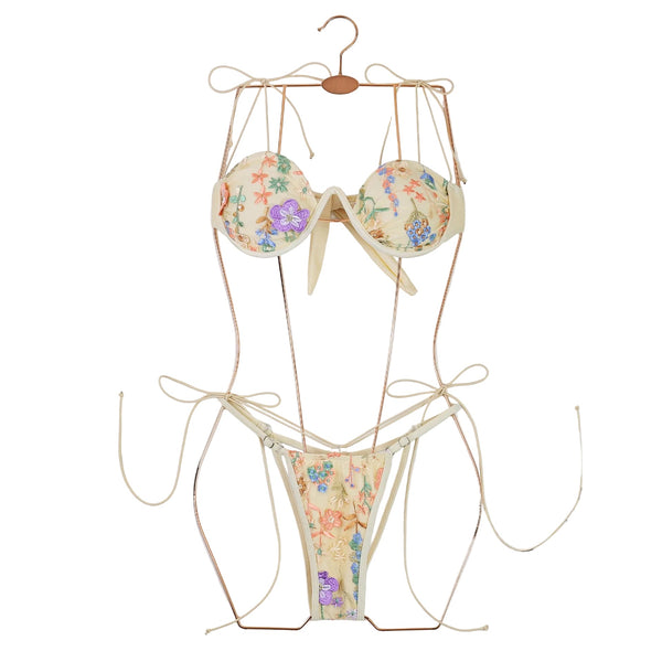 Embroidered Push Up Bikini For Women  Detailing With Thin Ties Steel Support Separate Swimsuit Export Swimwear