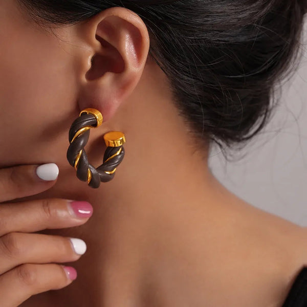 Twisted Leather Rope C Hoop Earrings