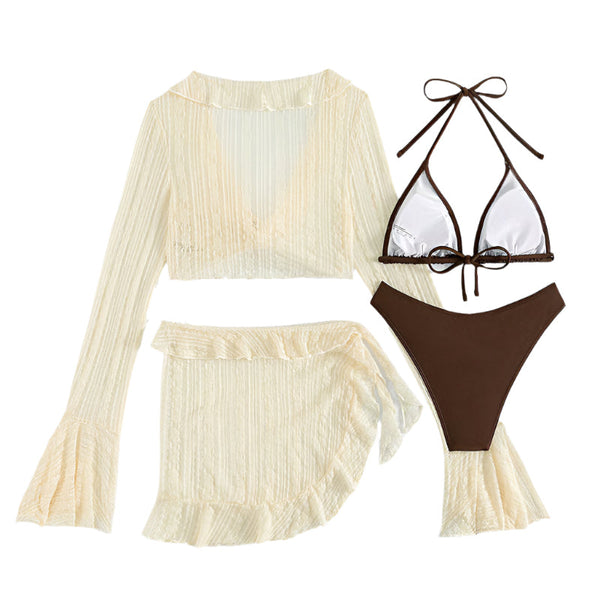 Solid Color Mesh Long Sleeved Hooded Swimsuit Beach Bikini Split Women's Four Piece Set Swimwear