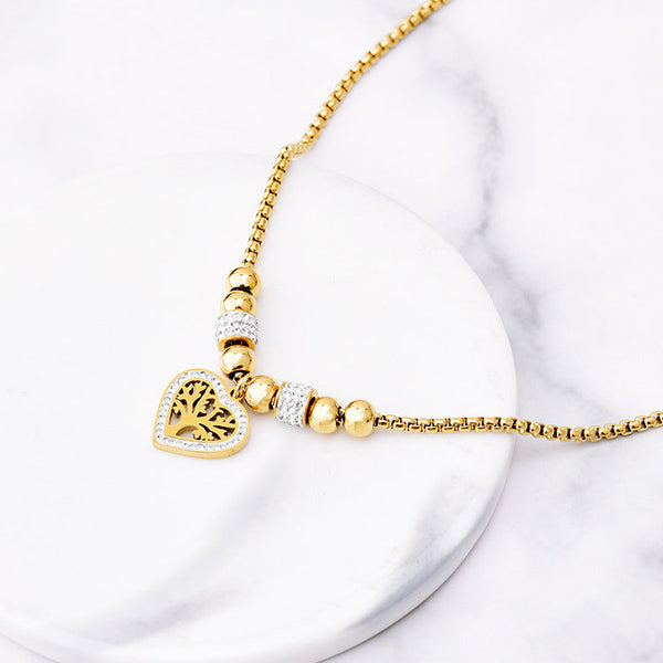 And American Style Titanium Steel Heart Tree Of Life Rhinestone Necklace For Women Simple Love Charm Jewelry Necklaces & Pendants