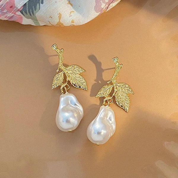 Veile Studios S925 Silver Needle French Metal Leaf Pearl For Women Earrings