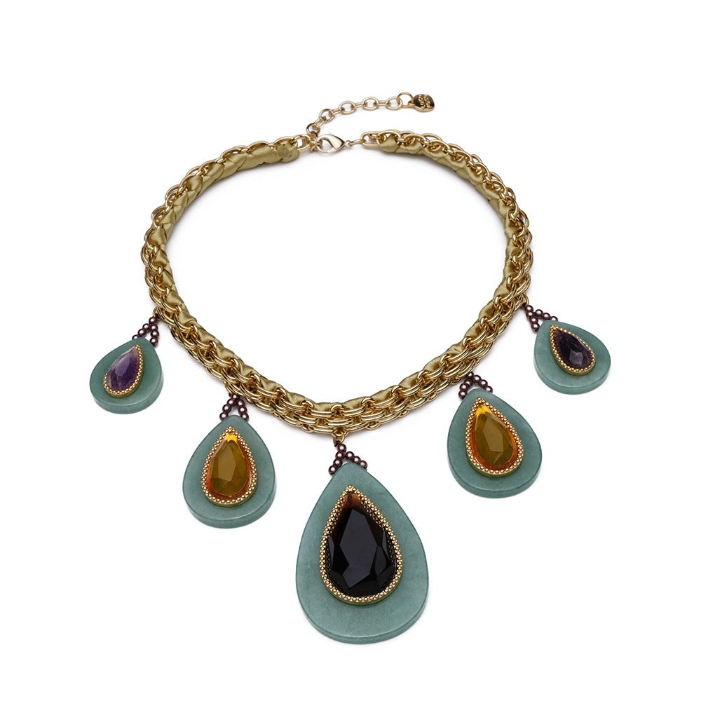 Veile Studios Heavy Duty Woven Cuban Retro Thick Chain Natural Stone Droplet Malachite Green Luxury Necklace Necklaces & Pendants