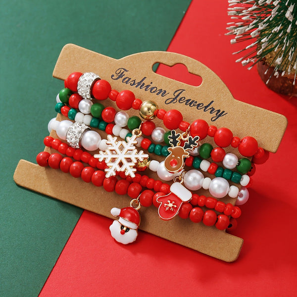 Christmas Bracelet Set With Reindeer Bells Tree Beads And Woven Polymer Clay. Bracelets