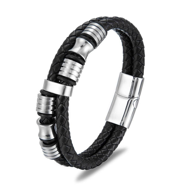 Veile Studios Black Leather Stainless Steel Mens Bracelet With Titanium And Rope Bracelets