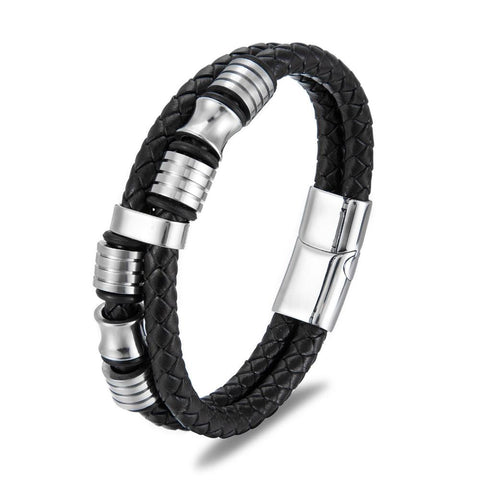 Veile Studios Black Leather Stainless Steel Mens Bracelet With Titanium And Rope Bracelets