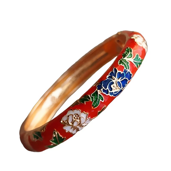 Peony Flower Chinese Filigree Traditional Cloisonne Enamel Ethnic Spring Hinged Cuff Bangles For Women Bracelets