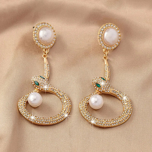 Veile Studios Gold Round Pearl With Crystal Accents And Snake Design For Women Earrings