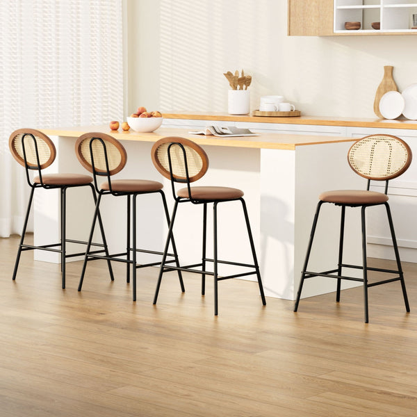 Pu Leather Bar Stools With Rattan Backrest And Steel Frame For Home Furniture Benches Bar Stools