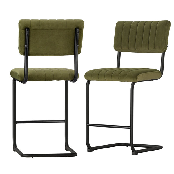 2X Bar Stools Velvet Chairs Green Benches Bar Stools