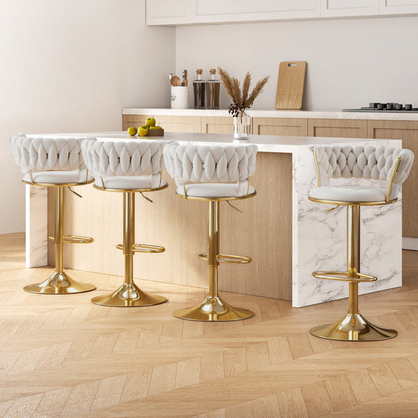 Soft Velvet Bar Stools With Gas Lift And Woven Backrest For Home Furniture Ivory Benches Bar Stools