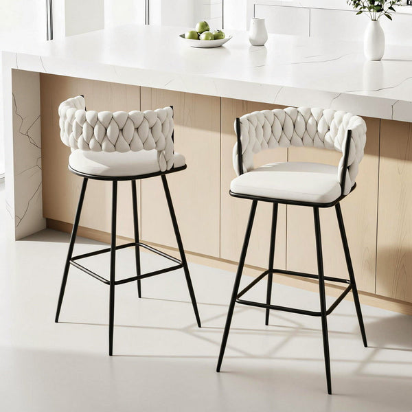Artiss 2X Bar Stools Kitchen Dining Chair Counter Woven Velvet Metal Ivory Benches Bar Stools