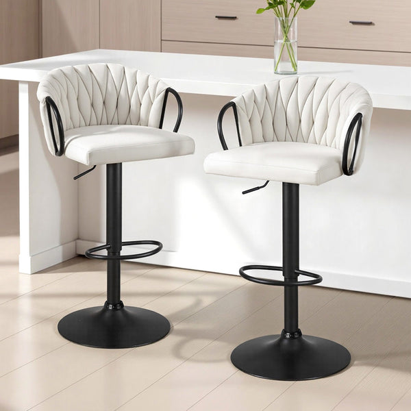 Artiss Bar Stool X2 Kitchen Dining Chair Counter Gaslift Woven Velvet Ivory Benches Bar Stools