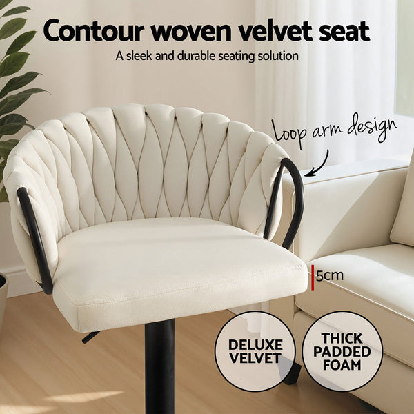 Artiss Bar Stool X4 Kitchen Dining Chair Counter Gaslift Woven Velvet Ivory Benches Bar Stools