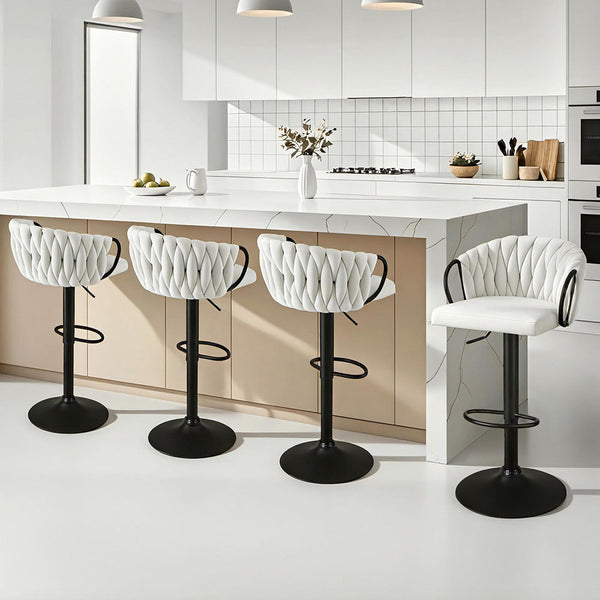 Artiss Bar Stool X4 Kitchen Dining Chair Counter Gaslift Woven Velvet Ivory Benches Bar Stools