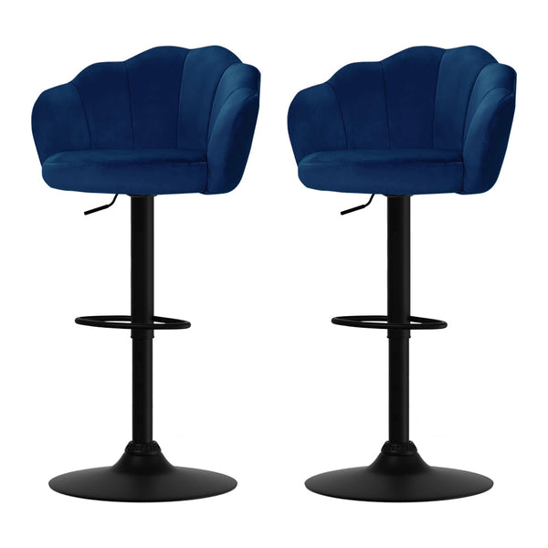 2X Bar Stools Gas Lift Velvet Blue Benches Bar Stools
