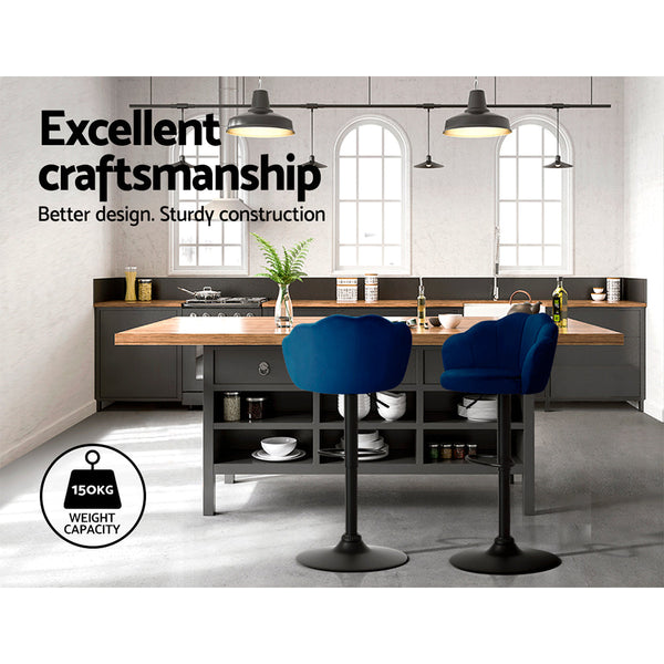 2X Bar Stools Gas Lift Velvet Blue Benches Bar Stools