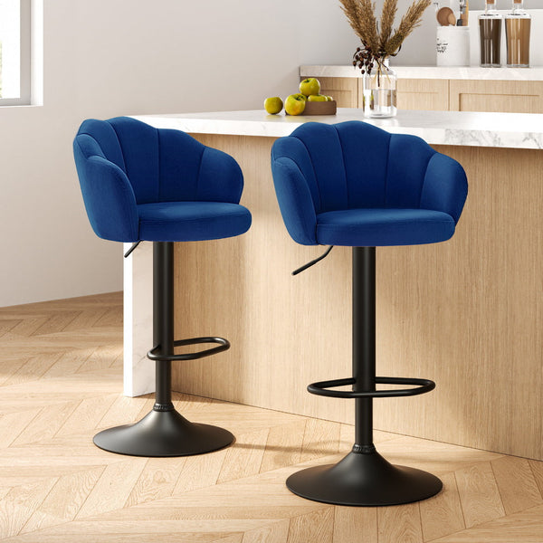 2X Bar Stools Gas Lift Velvet Blue Benches Bar Stools