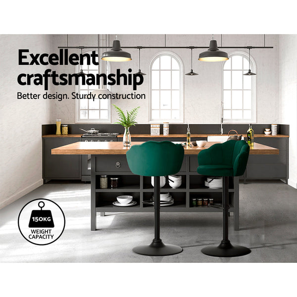 2X Bar Stools Gas Lift Velvet Green Benches Bar Stools