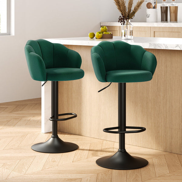 2X Bar Stools Gas Lift Velvet Green Benches Bar Stools