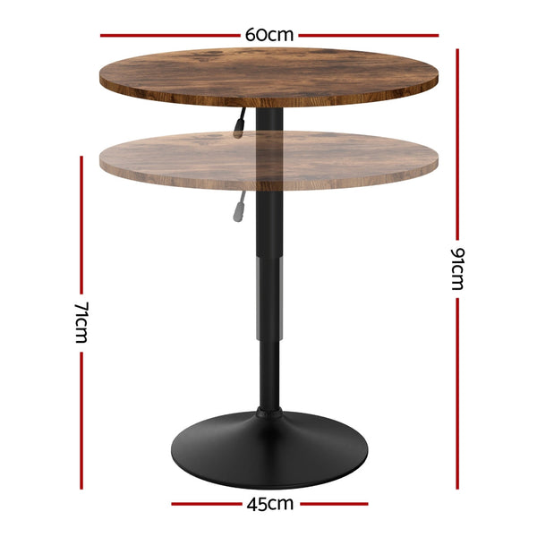 Artiss Height Adjustable Bar Table 360 Swivel Round Gaslift Design 60Cm Rustic Brown Black Bar Tables