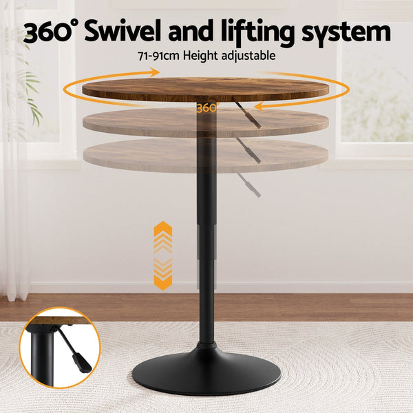 Artiss Height Adjustable Bar Table 360 Swivel Round Gaslift Design 60Cm Rustic Brown Black Bar Tables