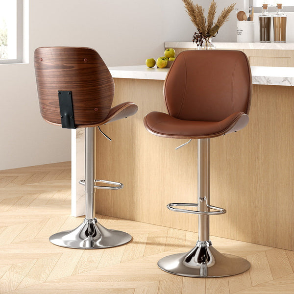 Artiss 2X Bar Stools Bentwood Adjustable Kitchen Counter Chair Leather Brown Benches Bar Stools