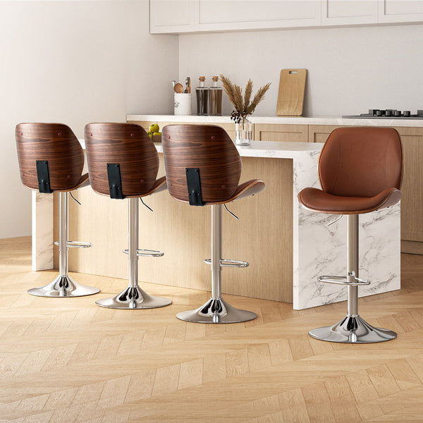 Artiss 4X Bar Stools Bentwood Adjustable Kitchen Counter Chair Leather Brown Benches Bar Stools