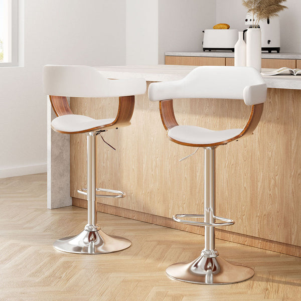 Artiss Bar Stools Set Of Two Gas Lift Leather With Armrest White Furniture Benches Bar Stools