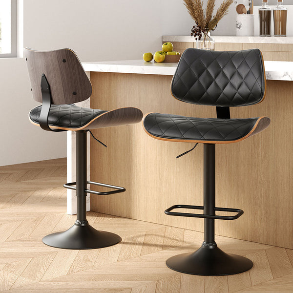 Artiss 2X Bar Stools Kitchen Dining Chairs Gas Lift Stool Wooden Leather Black Benches Bar Stools