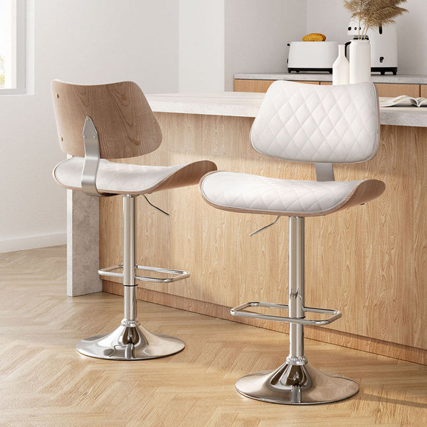 Artiss 2X Bar Stools Kitchen Dining Chairs Gas Lift Wooden Leather White Benches Bar Stools