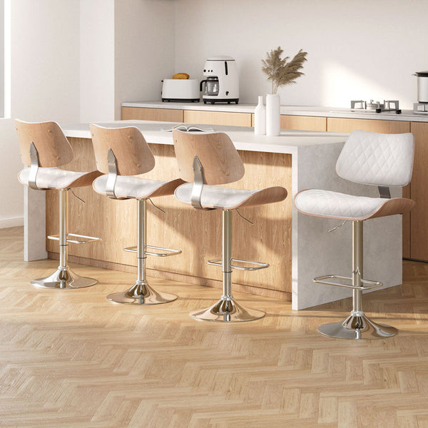 Artiss 4X Bar Stools Kitchen Dining Chairs Gas Lift Wooden Leather White Benches Bar Stools