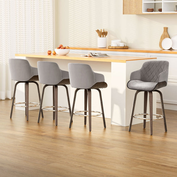 Velvet Fabric Bar Stools Padded Swivel Wooden Frame Set Of Four Benches Bar Stools