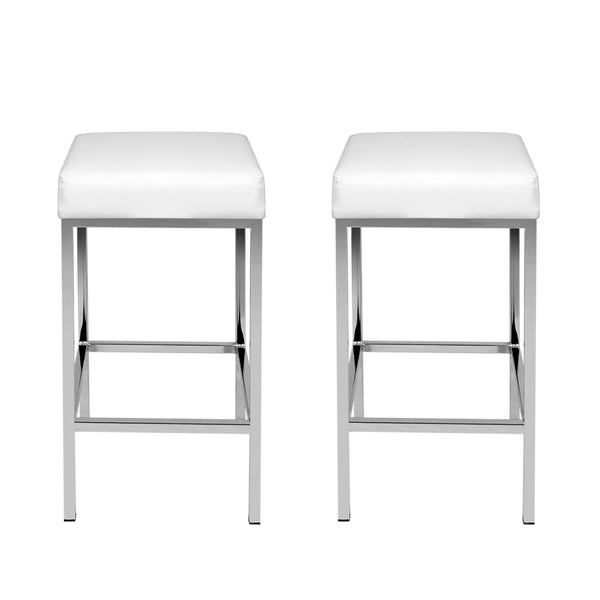 Pu Leather Bar Stools Padded Seats Steel Legs White Kitchen Furniture Set Of 2 Benches Bar Stools