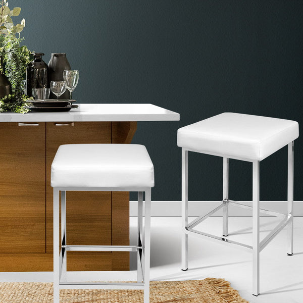 Pu Leather Bar Stools Padded Seats Steel Legs White Kitchen Furniture Set Of 2 Benches Bar Stools