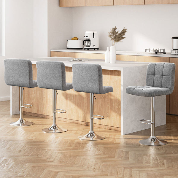 Fabric Bar Stool Gas Lift Adjustable Swivel Steel Base Grey Set Of Four Benches Bar Stools