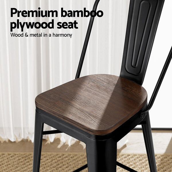 2X Artiss Metal Bar Stools Wooden Seat Retro Counter Benches Bar Stools