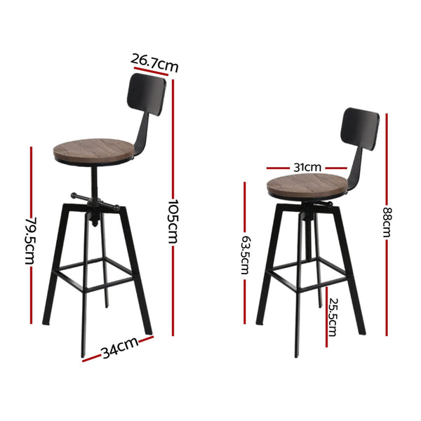Elm Wood And Steel Bar Stools Adjustable Height With Backrest For Kitchen Dining Benches Bar Stools