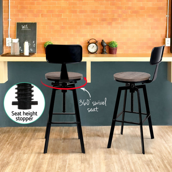 Elm Wood And Steel Bar Stools Adjustable Height With Backrest For Kitchen Dining Benches Bar Stools