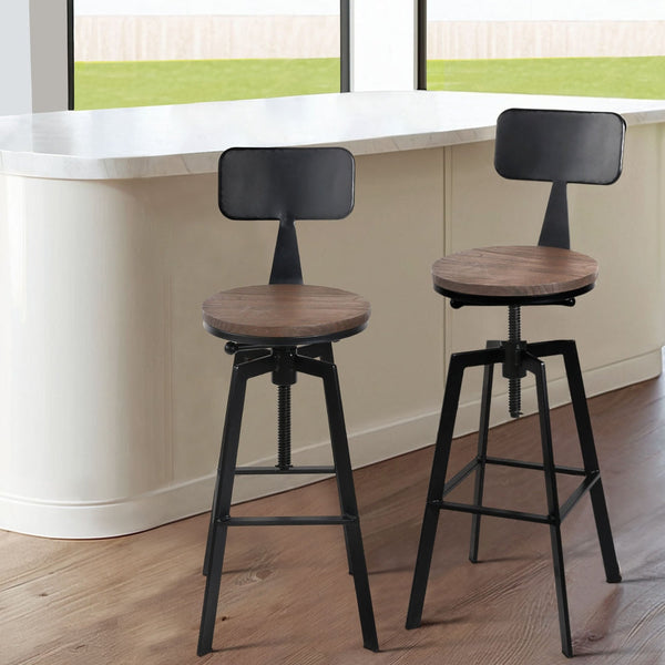 Elm Wood And Steel Bar Stools Adjustable Height With Backrest For Kitchen Dining Benches Bar Stools