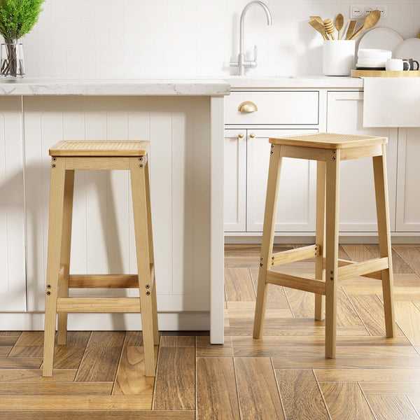 Artiss 2X Bar Stools Rubber Wood Counter Chair Rattan Barstools Kitchen Benches Bar Stools