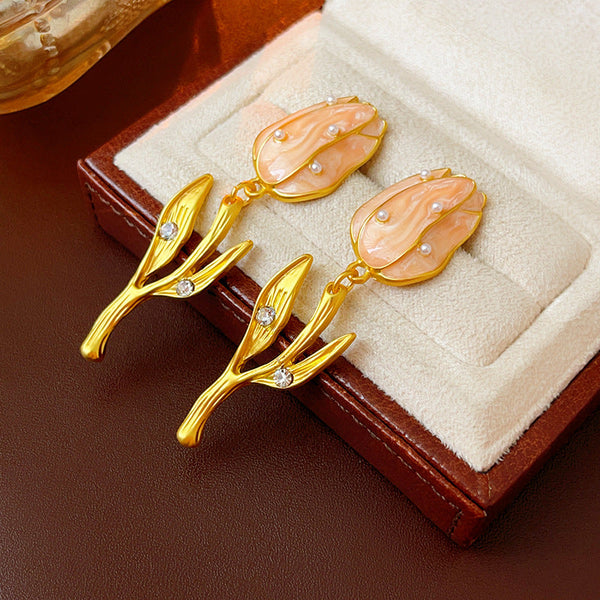 Veile Studios Oil Dripping Tulip Pearl Elegant For Women Earrings